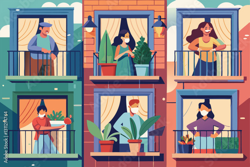 Residents relax on balconies and in windows, wearing masks and caring for plants amid the coronavirus pandemic, People on balconies or windows during coronavirus Customizable Flat Illustration