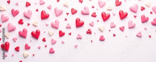 Pink, red, and white heart sprinkles on a white background, decoration, dessert