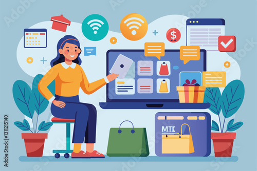 A woman sits comfortably at home, using her smartphone to explore various online shopping options, People online shopping concept