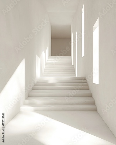 Simple interior design concept featuring a blank room with white walls and stairs