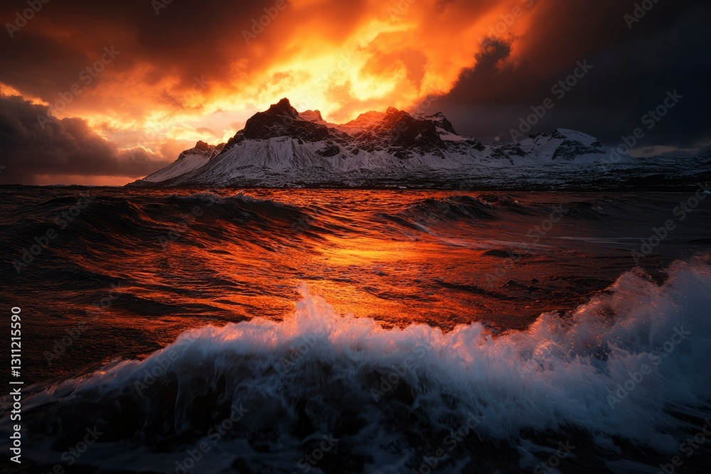 Fototapeta premium Fiery Sunset Over Snowy Mountains