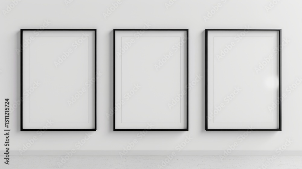 Three Minimalist Black Frame Mockups on White Wall Perfect for Art Gallery or Home Decoration Displays Three Minimalist Black Frame Mockups on White Wall Perfect for Art Gallery or Home Decoration Displays