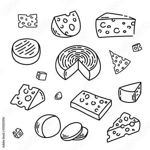 Sketch cheese. Various types of cheeses. Cheese set vector illustration hand drawn doodles
