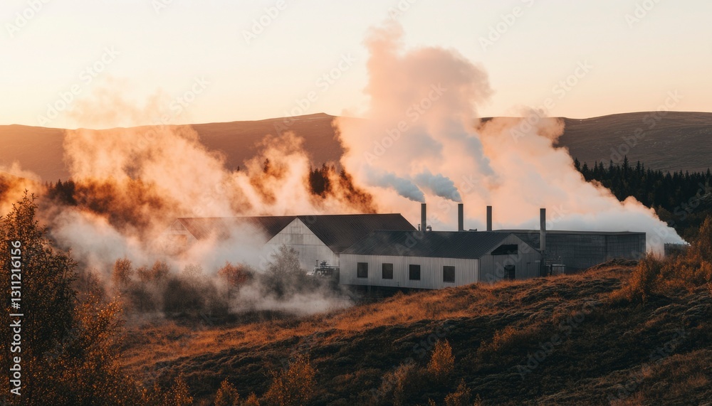 Fototapeta premium Geothermal plant emitting steam at sunset in a mountainous landscape
