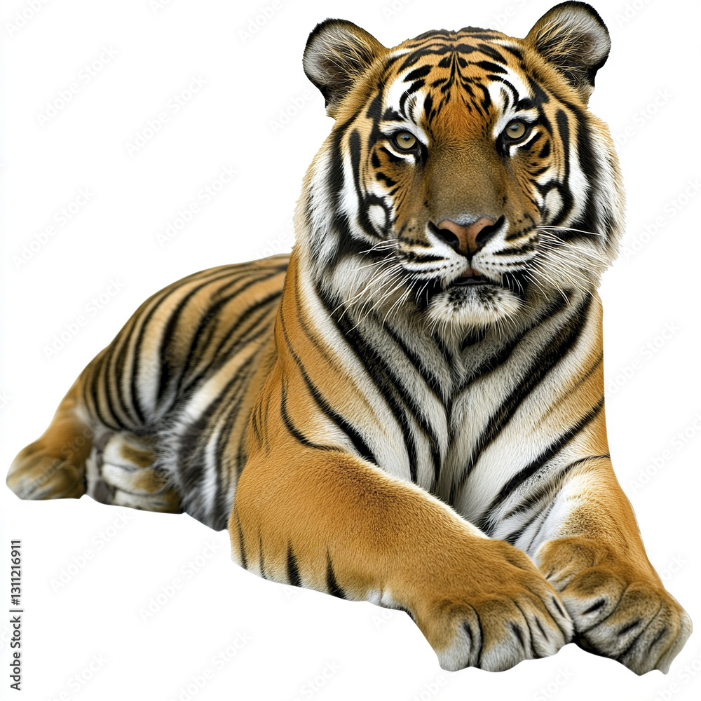 Obraz premium Tiger lying on white background, showcasing its majestic stripes