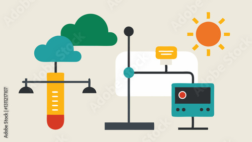 Weather Station Sensor Show a compact weather station with an anemometer on top rain gauge and temperature sensor. Label clouds and sun icons to represent weather monitoring.