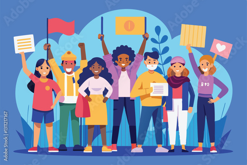 A diverse group of individuals rallies together, holding signs and flags to protest racism, People protesting against racism Customizable Flat Illustration