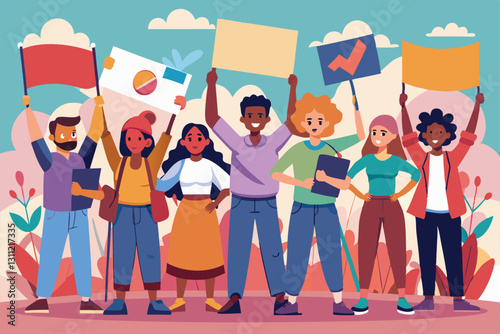 A diverse group of individuals passionately demonstrates against racism, holding signs in solidarity, People protesting against racism Customizable Flat Illustration