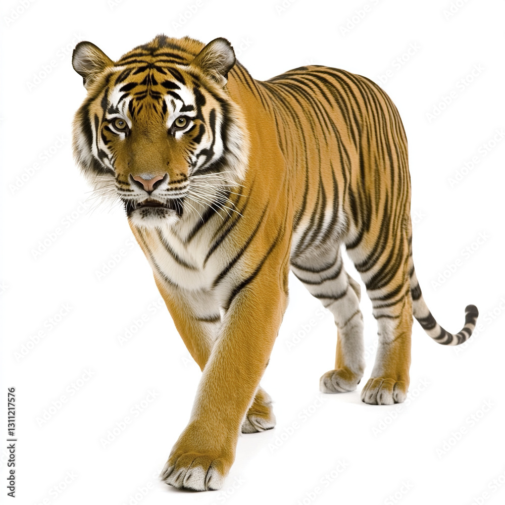 Obraz premium Tiger walking on white background, showcasing its majestic stripes