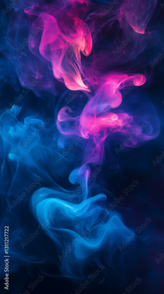 Fototapeta premium Glowing neon smoke swirling on a pitch-black background, vibrant colors (blue, purple, pink), soft and dreamy lighting, ultra-detailed, high contrast, mobile wallpaper