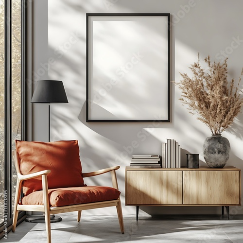 A mockup of an A3 blank poster frame on the wall in a minimalist interior design, next to it is a modern armchair and sideboard with books, a black lamp, and a vase of dried flowers,