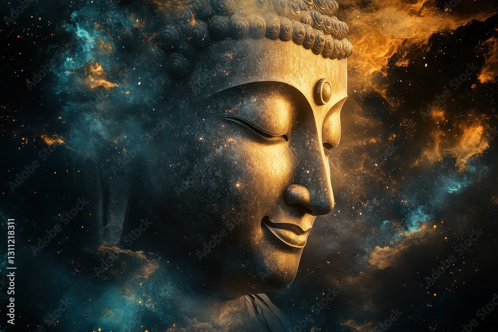 Golden buddha statue emerging from a colorful nebula Golden buddha statue emerging from a colorful nebula