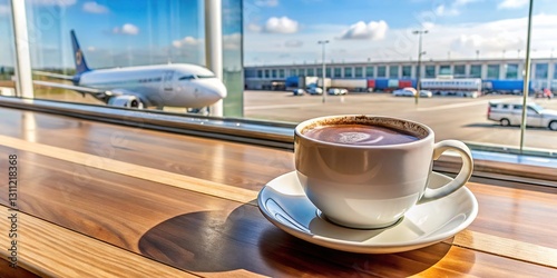 Enjoying a warm cup of coffee with chocolate at the airport cafe overlooking taxiing planes