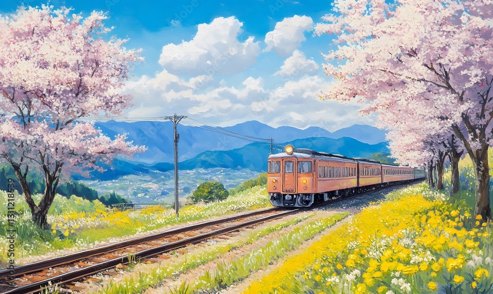 Fototapeta premium Spring Train Journey Through Cherry Blossom Trees