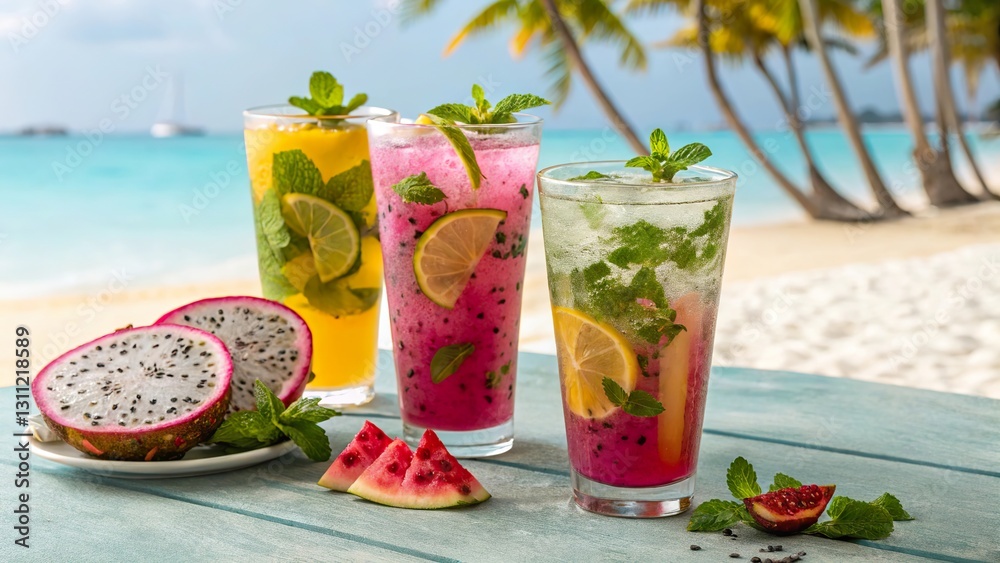 Fototapeta premium Herbal drinks featuring dragonfruit slices on a tropical beach with clear blue waters and palm trees