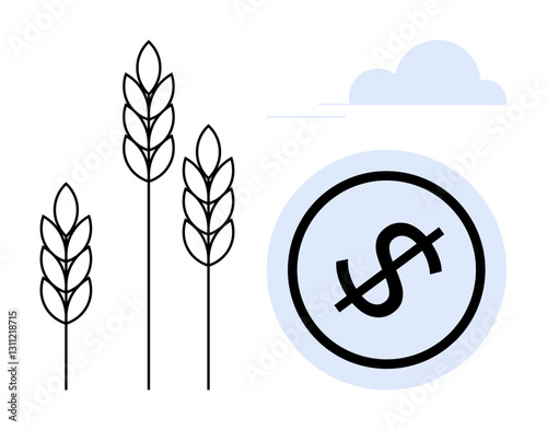 Wheat stalks next to a dollar sign, symbolizing financial aspects of agriculture. Ideal for farming, economy, agribusiness, trade, sustainability, investment profit. Flat simple metaphor