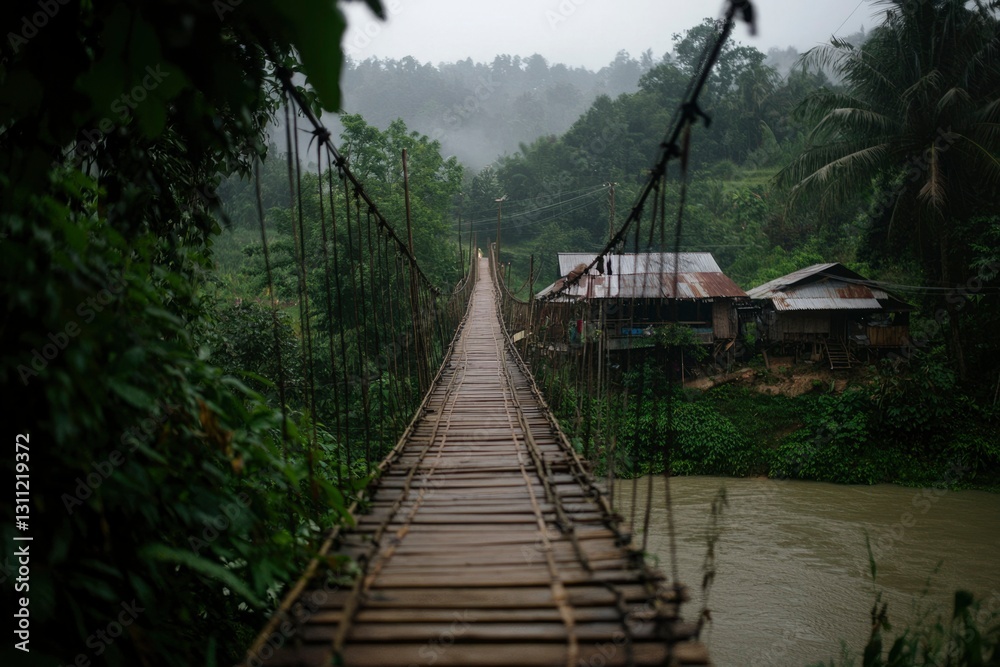 Fototapeta premium Rustic rope bridge over misty river