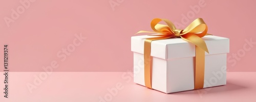 Elegant white gift box with golden ribbon bow, isolated , gold, background, package