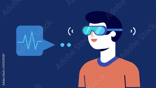 Voice Activation Feature An illustration of a person tapping a button on the smart glasses to activate the translation feature with a sound wave graphic representing voice input.