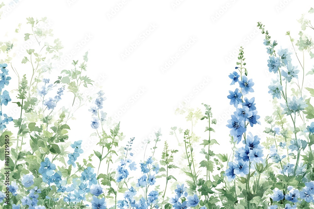 Naklejka premium Blue blossoms and green leaves with watercolor on white. Use as backdrop