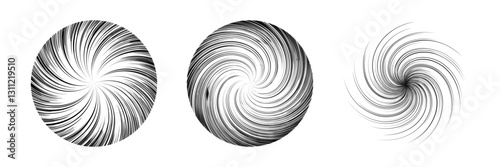Three spin patterns rotation in manga comic style. Black concentric lines as a spinning vinyl record or rotating helicopter blades vector illustration. Teleport or whirlpool epicenter.