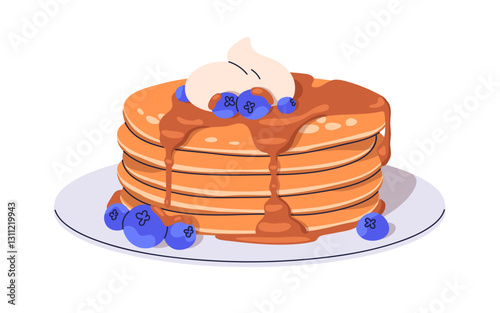 Pancakes stack with blueberries and maple syrup. Sweet breakfast food, pan cakes with caramel topping, whipped cream and berries. Crepe dish. Flat vector illustration isolated on white background