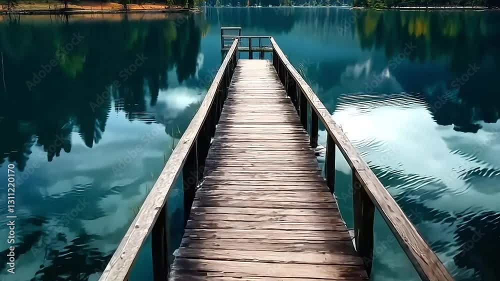 Wooden pier on a lake among the mountains and against the background of a forest, reflection of the surrounding landscape in the water
Wooden pier on a lake among the mountains and against the background of a forest, reflection of the surrounding landscape in the water