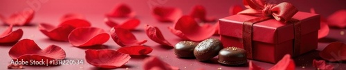 Red rose petals, chocolate candies, gift box, cupid arrow, texture, box