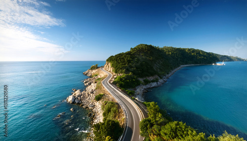 Coastal Road: A scenic coastal road winds along the edge of a lush green cliff, flanked by the mesmerizing turquoise sea under a clear blue sky, offering breathtaking views.