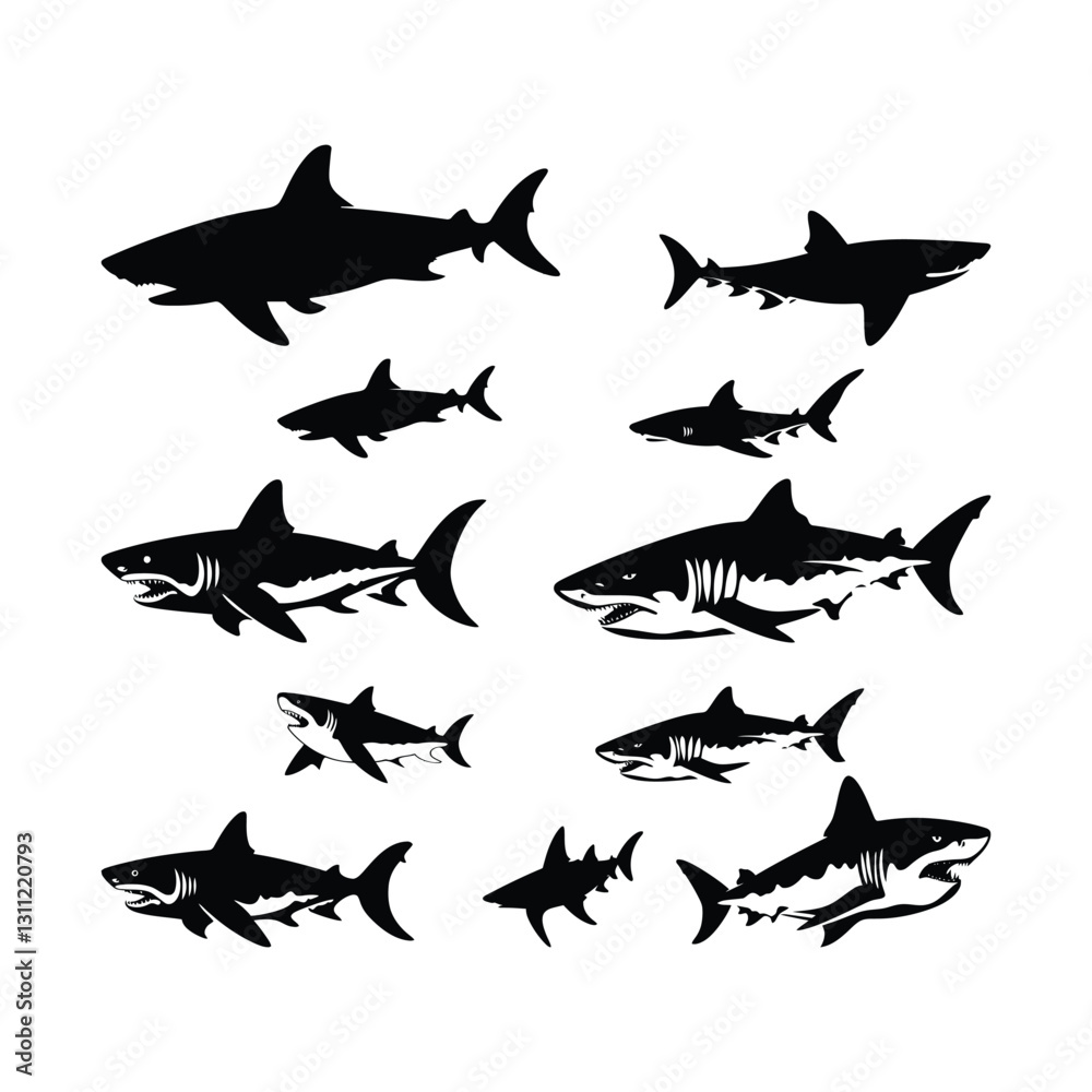 Fototapeta premium Family of Sharks Vector simple minimal black silhouette