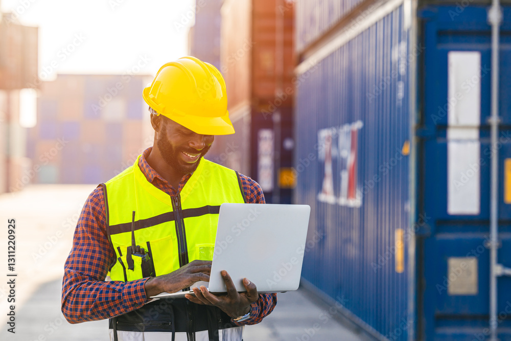 Happy black worker male works at container yard cargo port shipping. Customs working outdoors. Happy black worker male works at container yard cargo port shipping. Customs working outdoors.