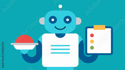 Virtual Nutrition Assistant A friendly robot or AI character presenting a digital menu with personalized meal choices based on user data.