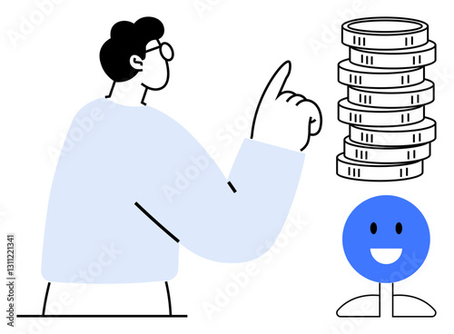 Person gestures towards stack of coins, emphasizing financial growth and happiness. Ideal for wealth management, saving, investment, success, economy, positive mindset education. Flat simple