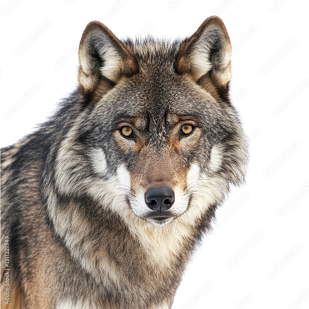 Fototapeta premium Wolf isolated on white background, showcasing its intense gaze