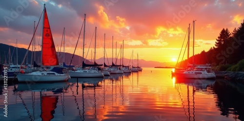 Colorful sailboats bob gently at sunset, Comox Marina , evening, vessels, golden hour photo