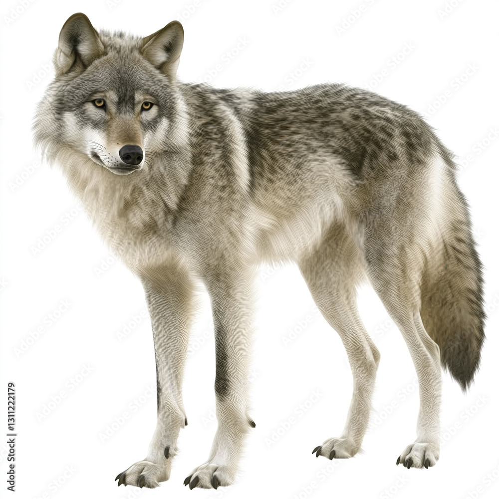 Gray wolf standing on white background, looking alert Gray wolf standing on white background, looking alert
