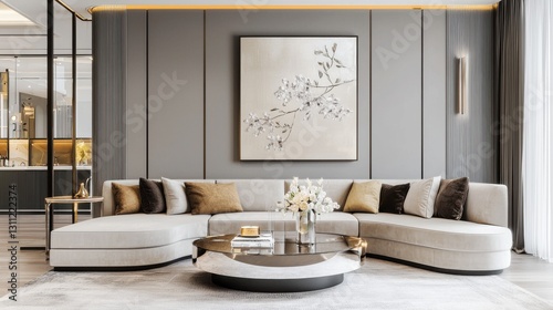Futuristic minimalist living room, smooth gray walls, plush velvet sofa, mirrored coffee table, abstract floral painting with silver strokes, hidden LED
