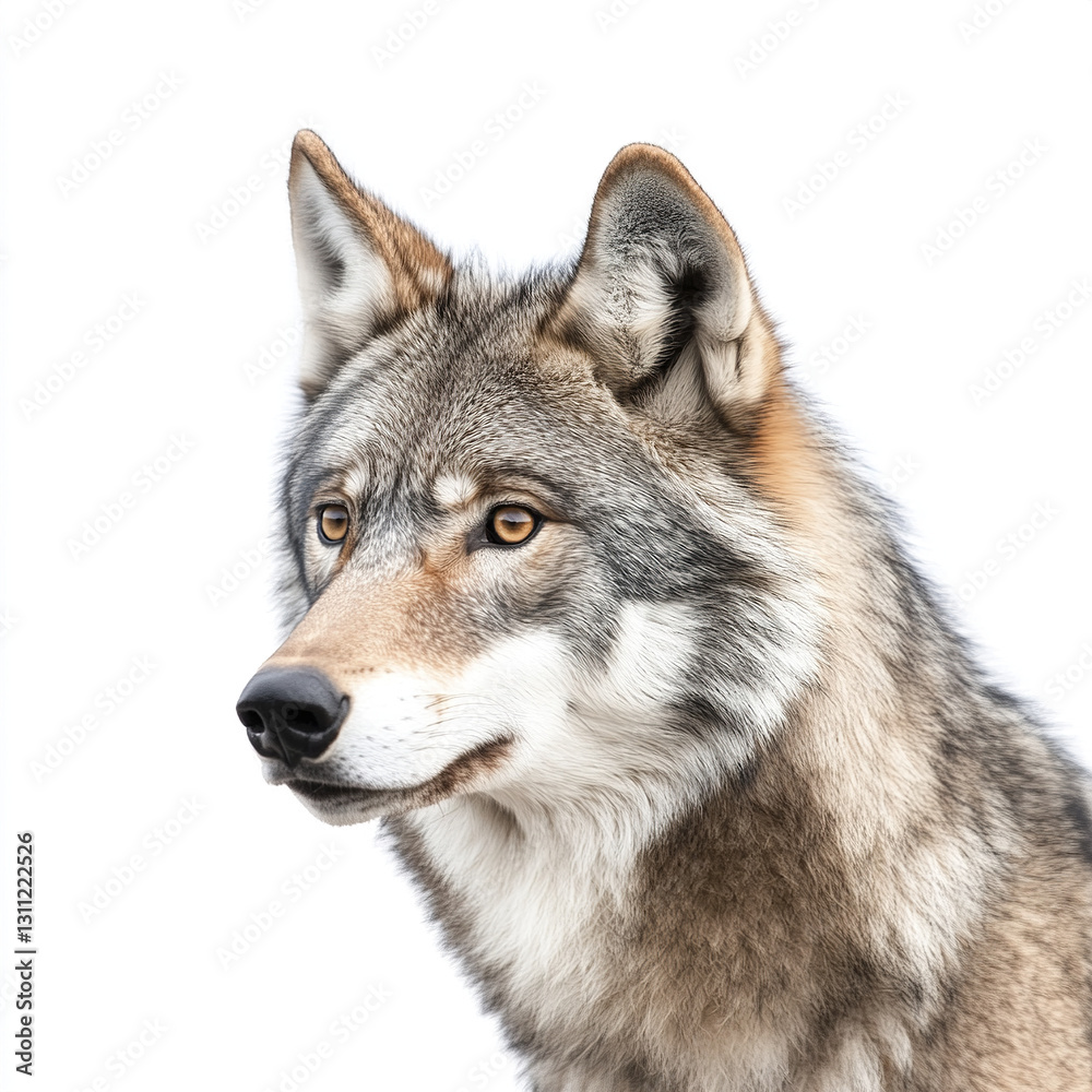 Wolf isolated on white background, showcasing its intense gaze Wolf isolated on white background, showcasing its intense gaze