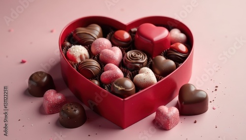 Heart-shaped box overflowing with assorted chocolates , bow, ribbon
