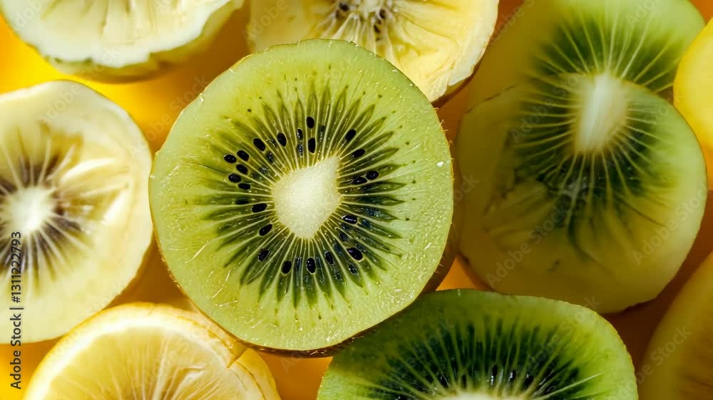 Freshly sliced kiwi showcasing vibrant green flesh and detailed texture on a bright background