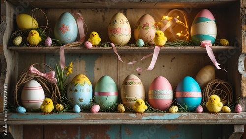 Easter eggs and toy chicks on shelves in a festive spring setting photo