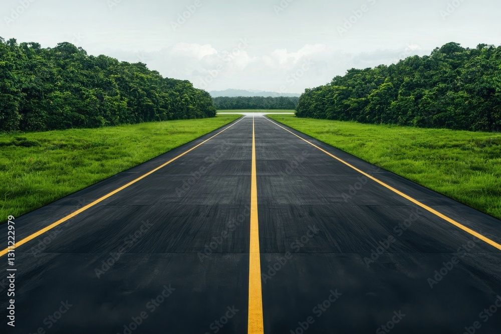 Fototapeta premium Aerial View of an Empty Runway Surrounded by Lush Green Landscape in a Serene Environment