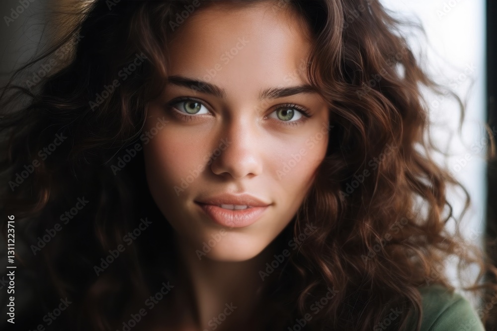 A young woman with luscious curly hair gazes directly, her striking green eyes reflecting a sense of curiosity. The soft light enhances her natural beauty, creating an intimate atmosphere A young woman with luscious curly hair gazes directly, her striking green eyes reflecting a sense of curiosity. The soft light enhances her natural beauty, creating an intimate atmosphere