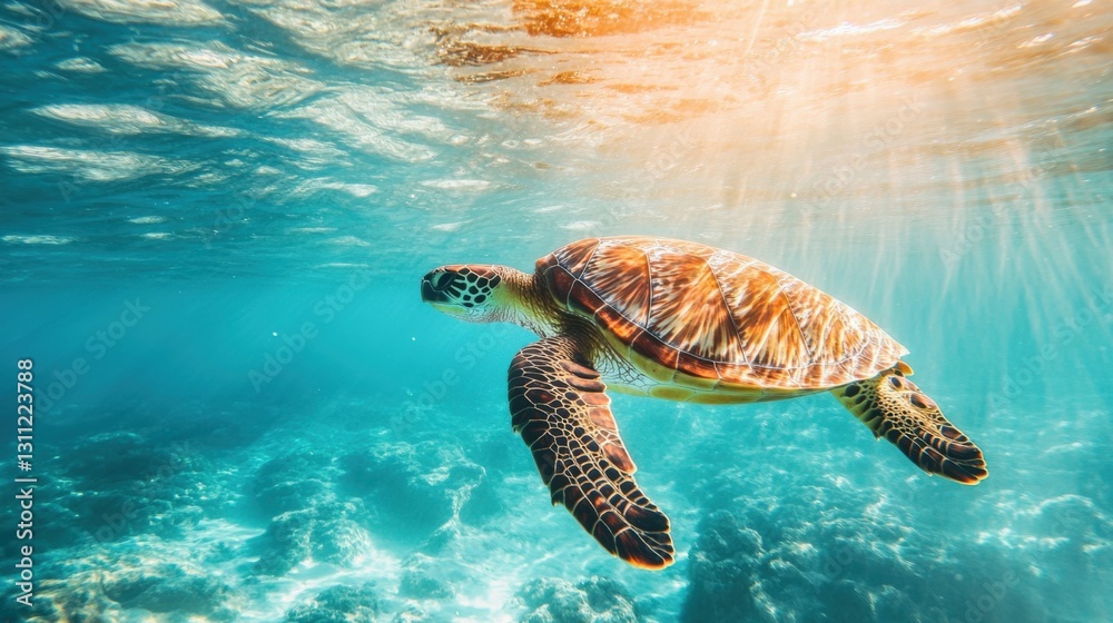 Obraz premium Sea Turtle Underwater Sunlight