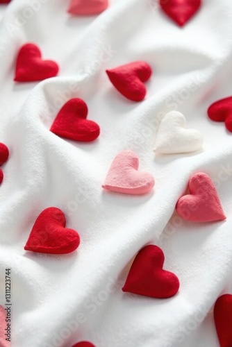 Scattered red & white hearts on pristine white fabric , cute, passion