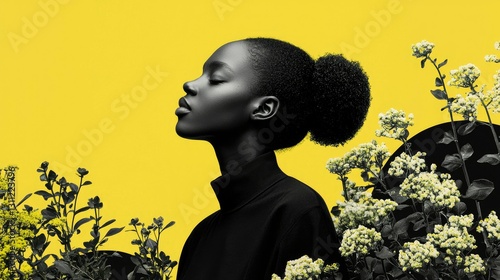 Woman, Yellow Background, Floral Art