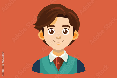 A young man with brown hair smiles warmly while wearing a stylish vest and collared shirt, People search Customizable Cartoon Illustration