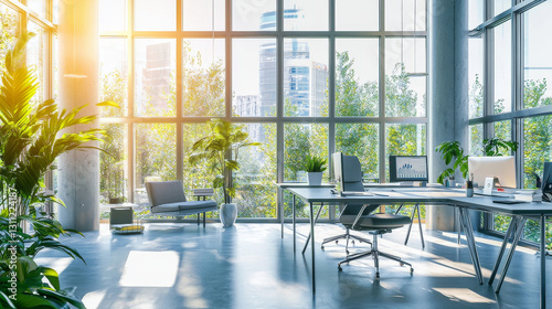 Modern office interior with large windows, greenery, and natural light