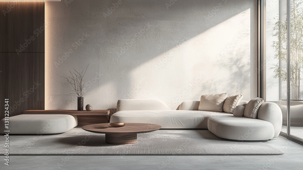 Obraz premium modern living room featuring curved white sofa, wooden coffee table, and minimalist decor, creating serene atmosphere with natural light