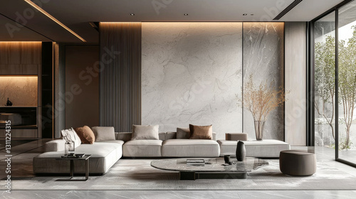 Foto Modern living room with minimalist design, featuring large sectional sofa, marble wall, and elegant decor